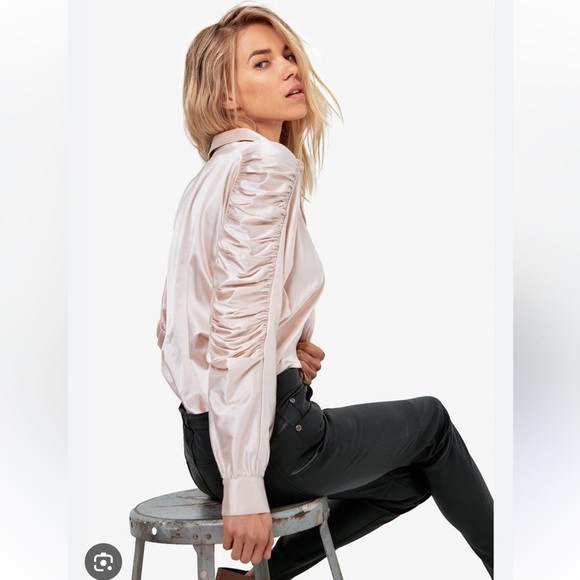 AS By DF Ferrara Ruched-Sleeve Satin Blouse in Blush New with Tags! - Picture 5 of 11